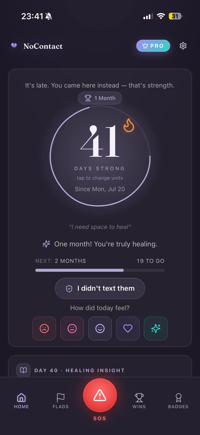 Home screen: 41 days strong counter with mood check-in